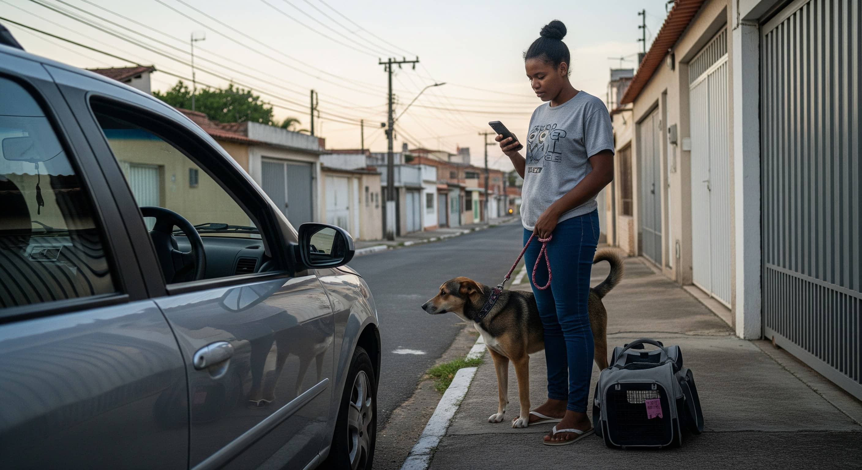 Mulher na calçada de rua residencial brasileira com cachorro na guia, bolsa de transporte e celular