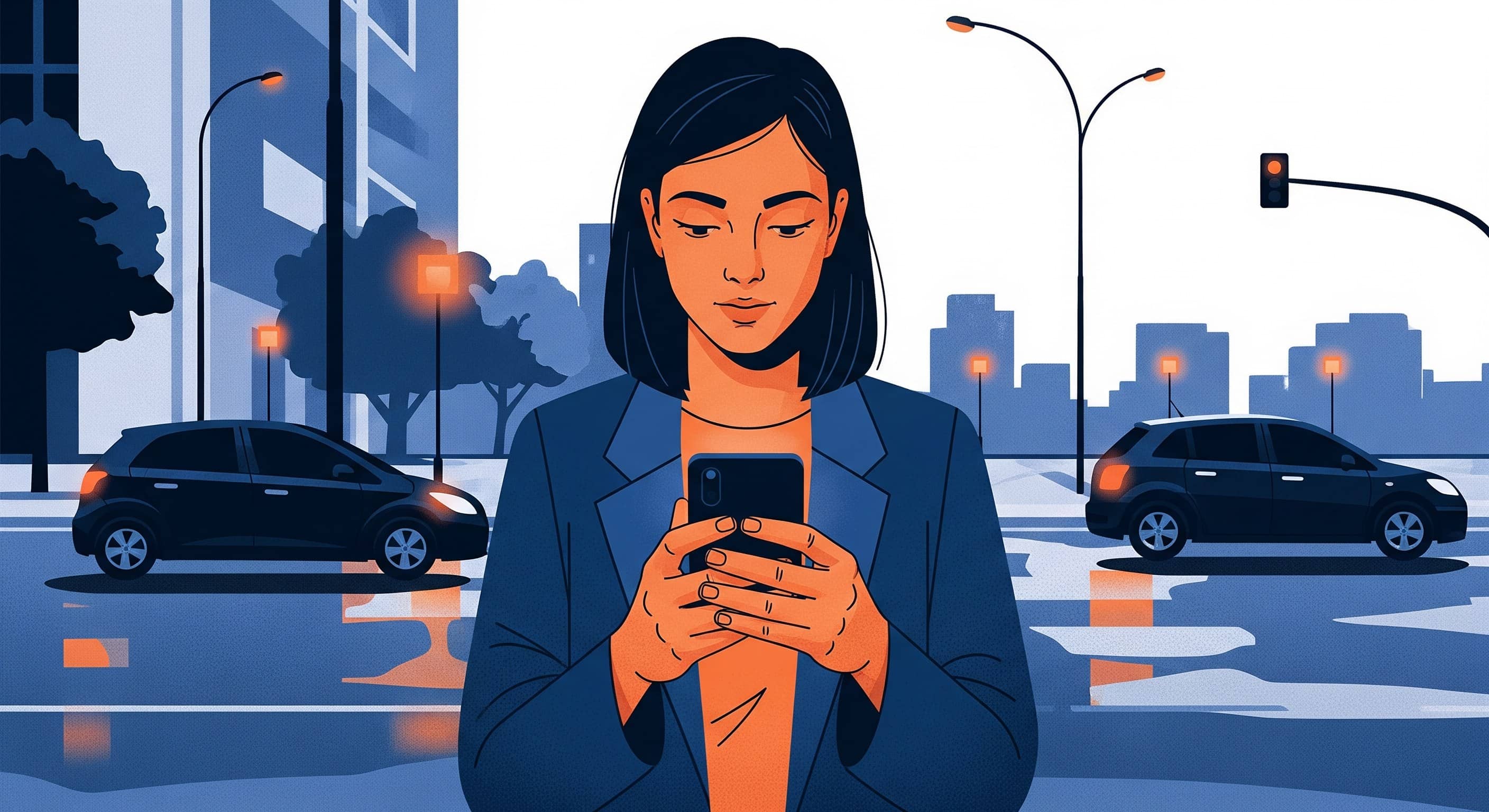 Passageira ilustrada compara corrida no celular em avenida urbana ao entardecer.