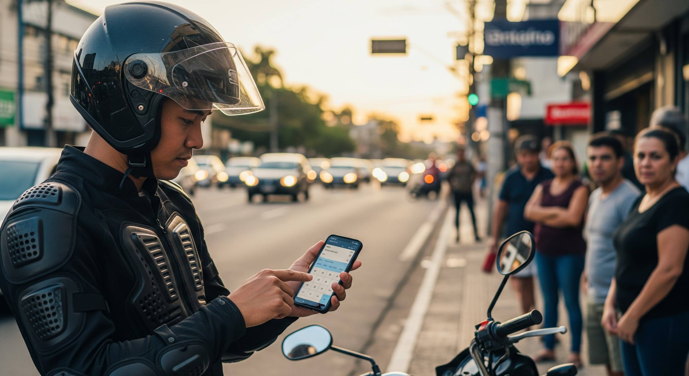 Motociclista de capacete consulta o celular ao lado da moto em avenida urbana