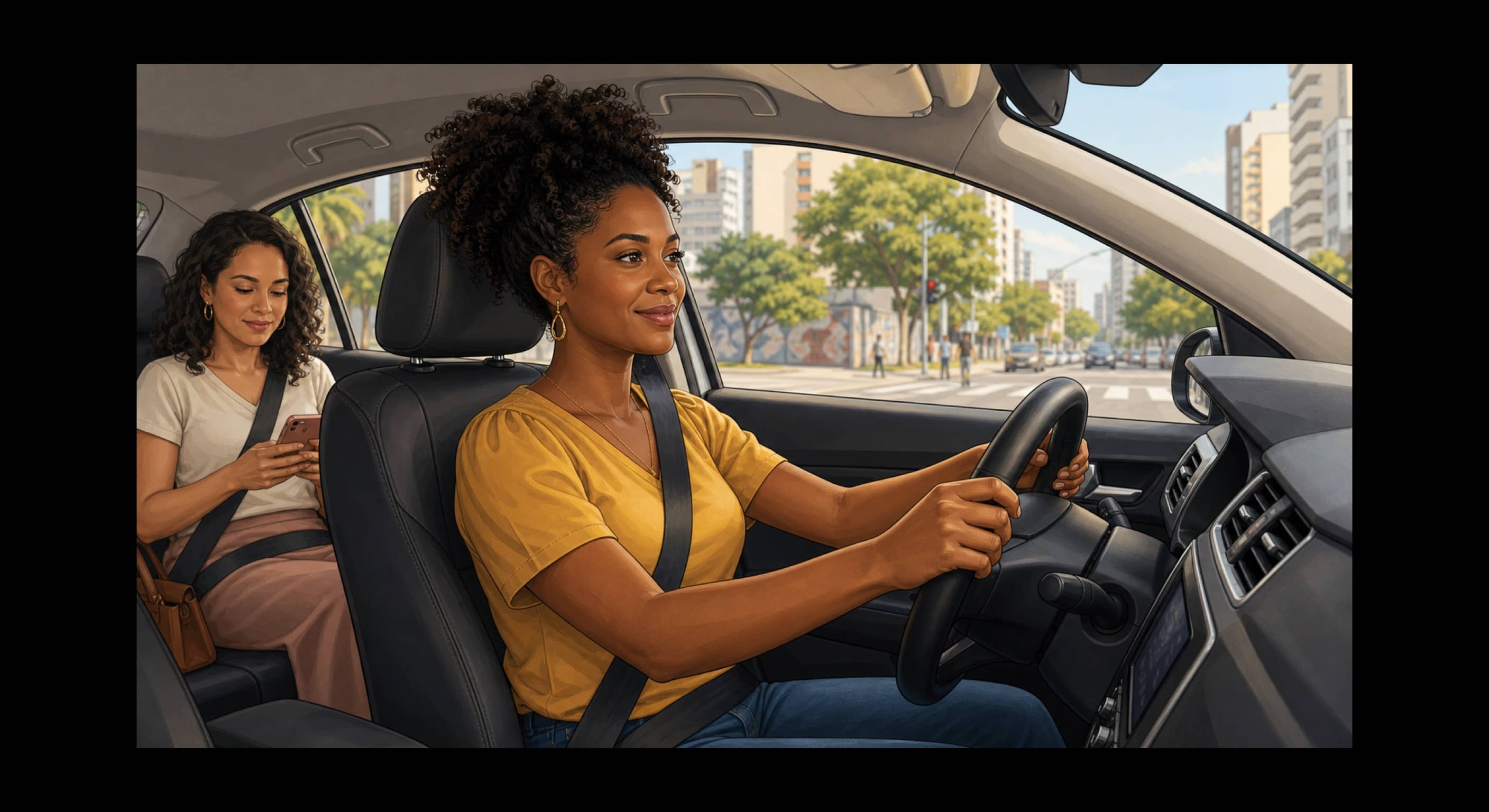 Motorista negra sorri ao volante enquanto passageira observa o celular no banco de trás.