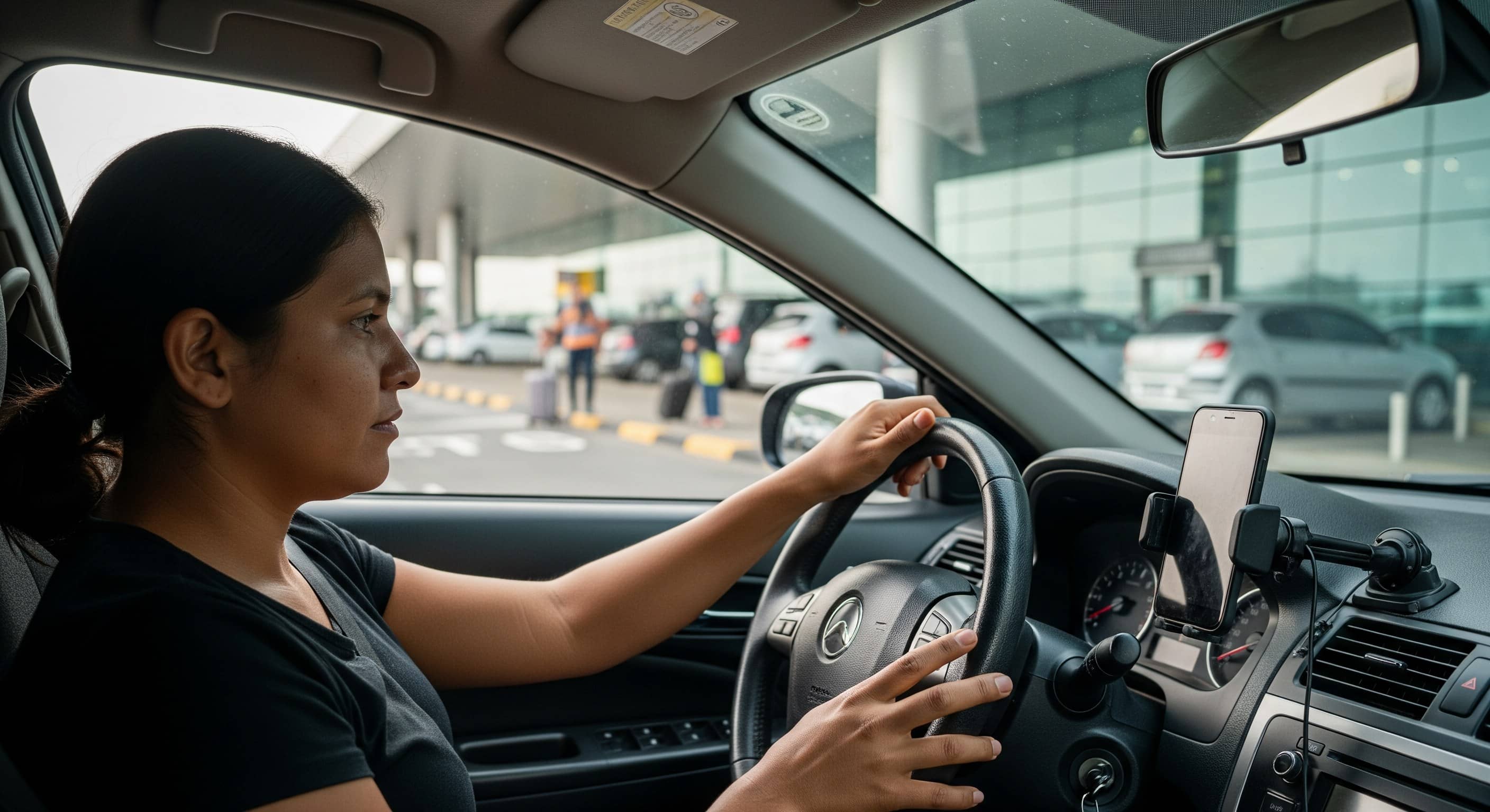 Motorista no carro, com celular no suporte, em área de embarque