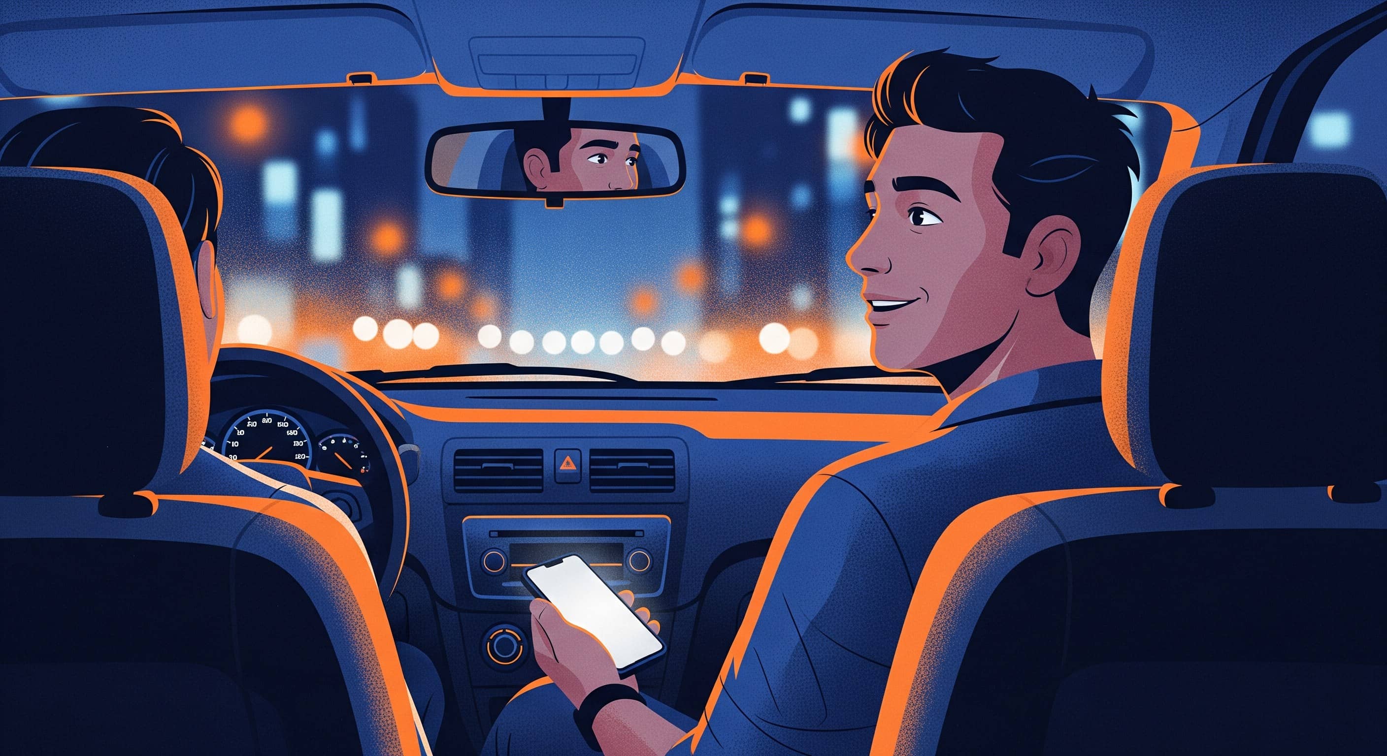 Passageiro sorridente no banco de trás conferindo o celular à noite, motorista observando pelo retrovisor