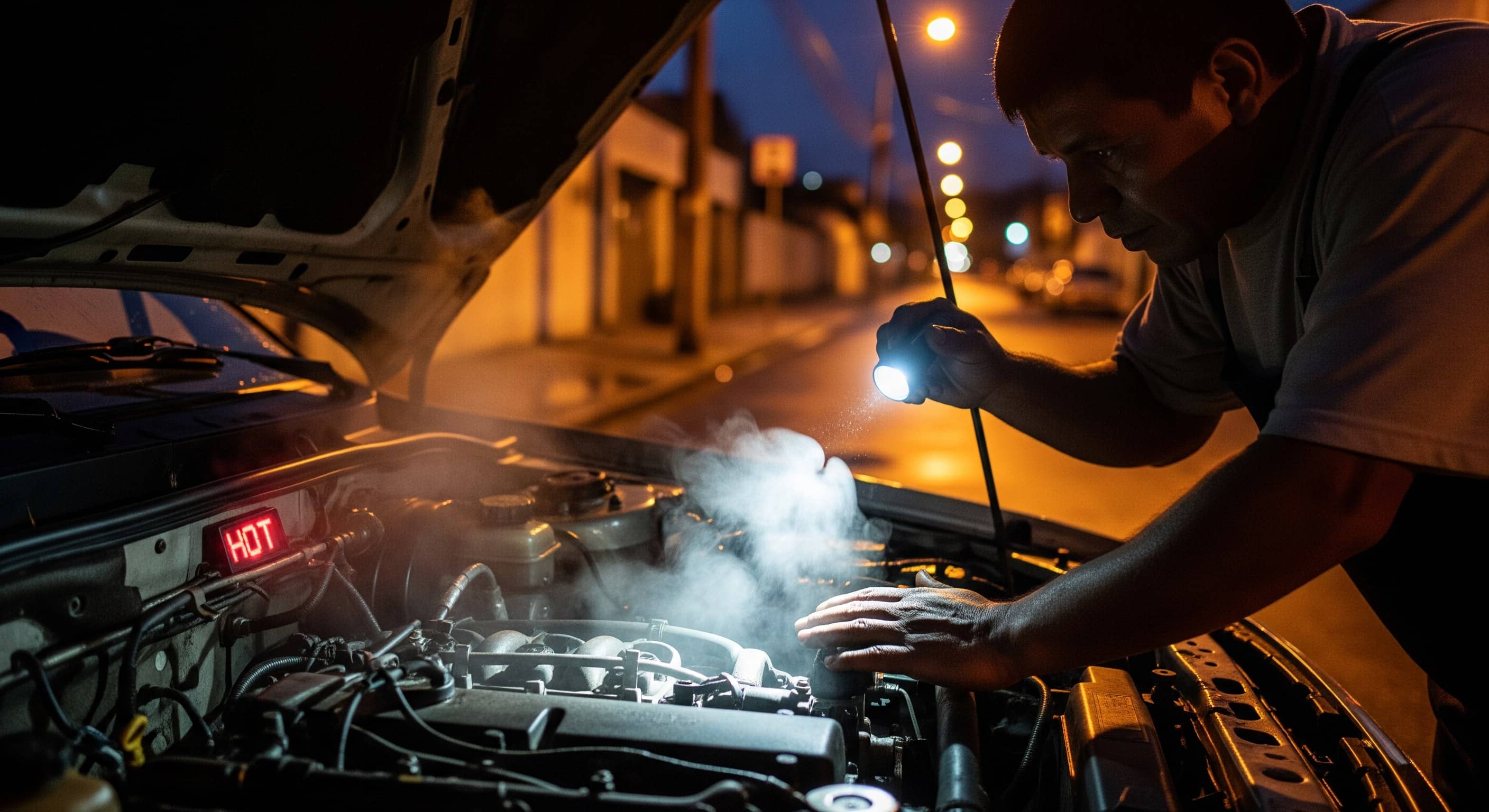 Motorista inspeciona com lanterna motor fumegante à noite na rua, com painel indicando superaquecimento
