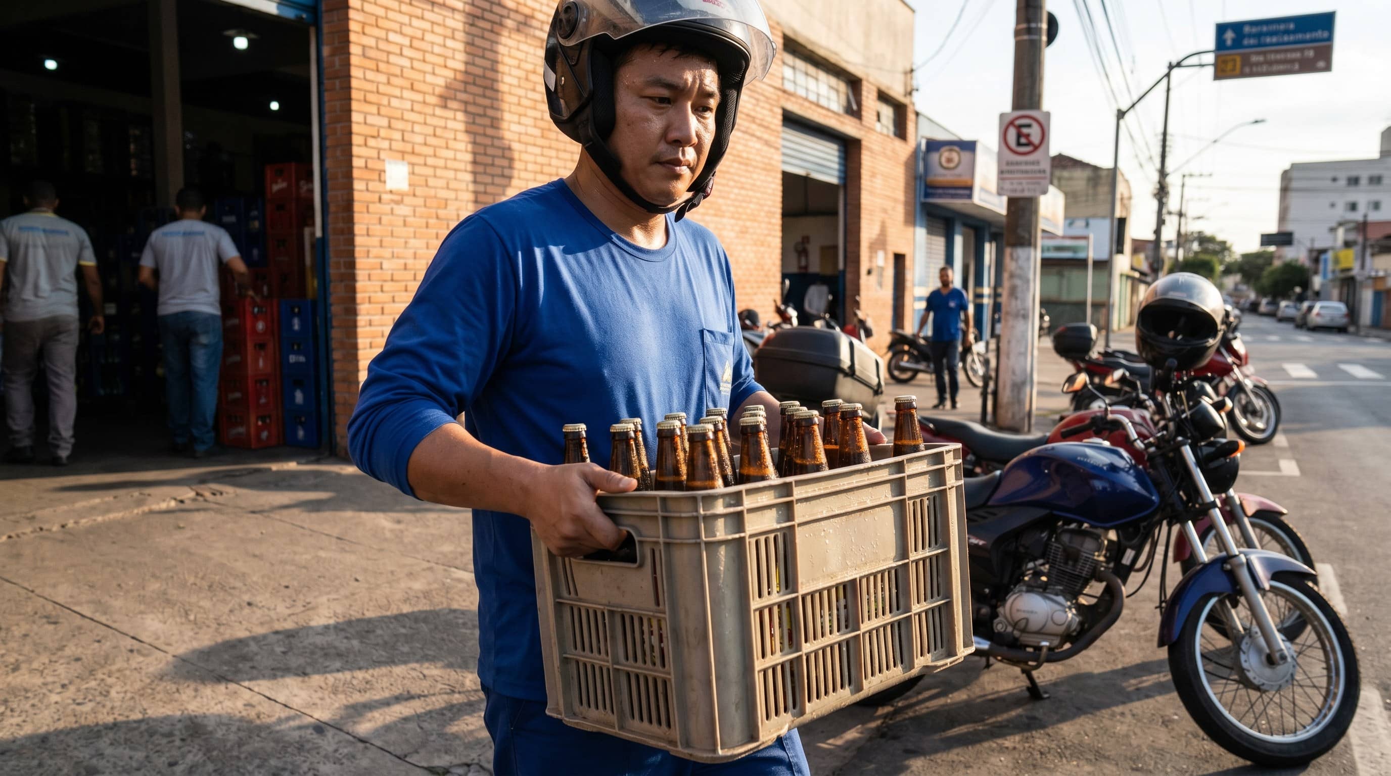 Motoboy de uniforme azul carrega engradado de cervejas até a moto estacionada em frente a um depósito