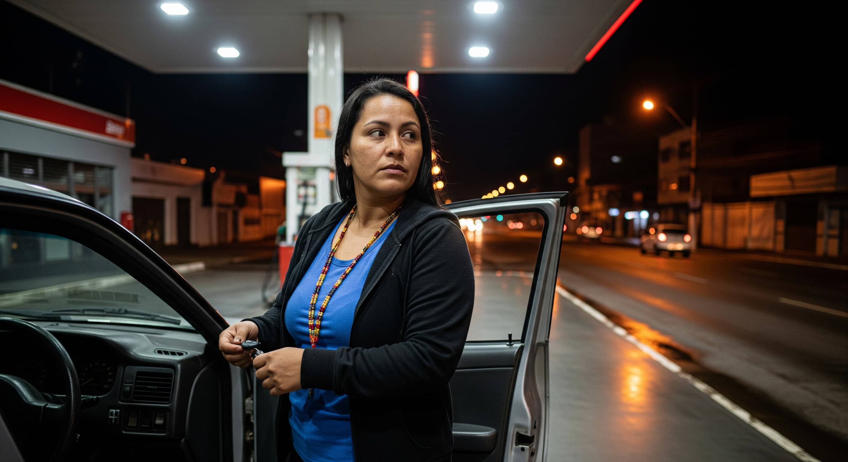 Motorista com a chave na mão ao lado da porta aberta do carro num posto à noite