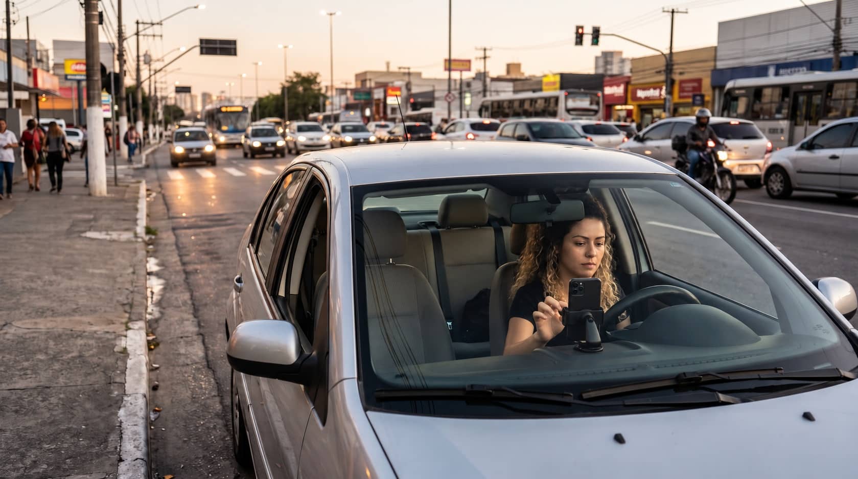 Motorista em sedã prata parado junto ao meio-fio confere o celular no suporte do painel ao entardecer