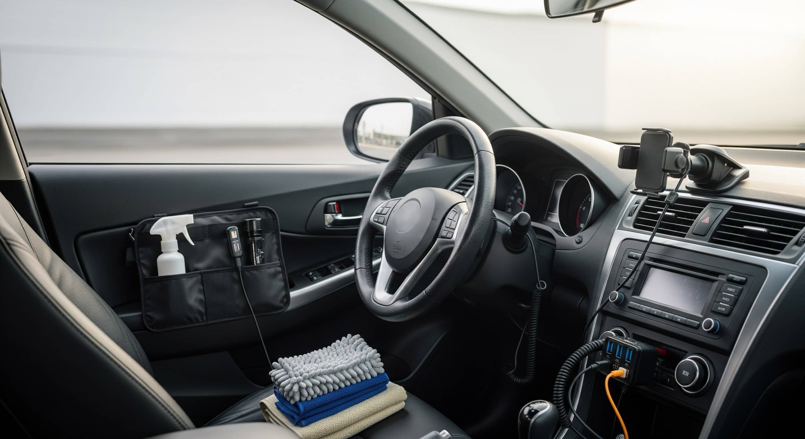 Interior de carro com suporte de celular, carregadores, panos e organizador de acessórios
