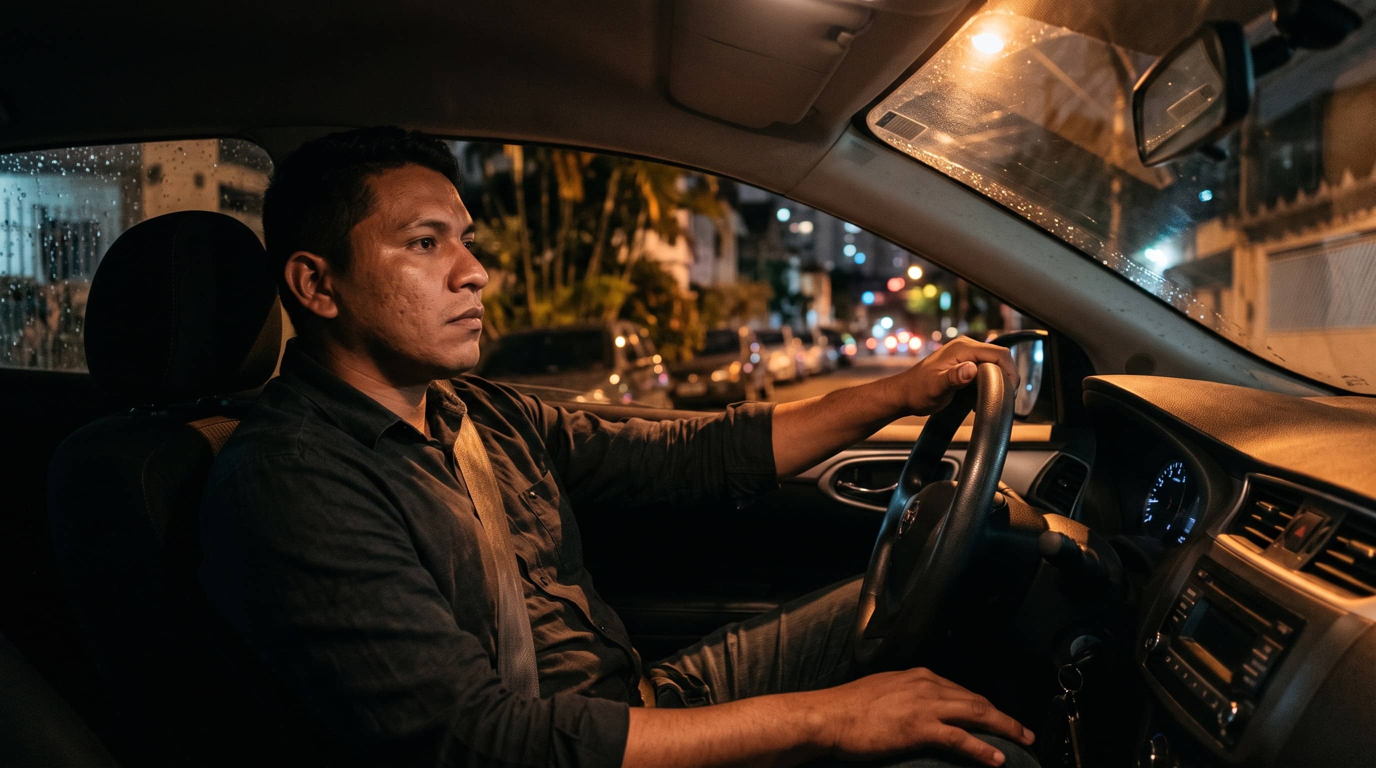 Motorista sentado ao volante à noite, atento à rua urbana molhada e iluminada por postes
