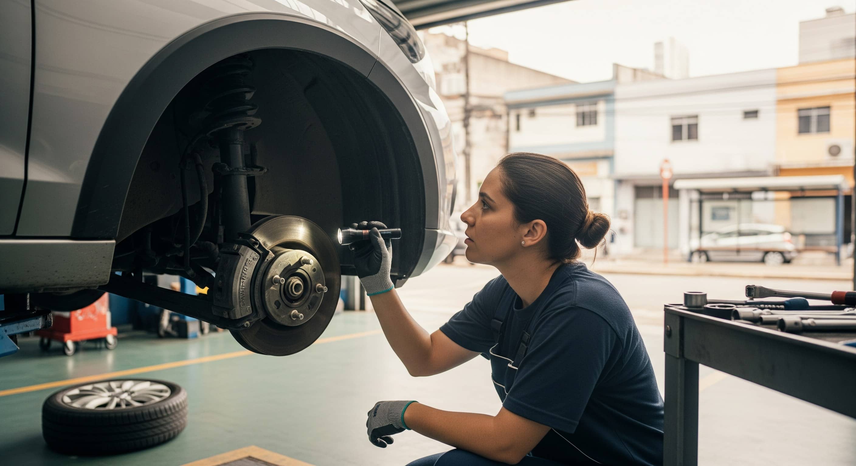 Mecânica agachada usando lanterna para inspecionar o amortecedor exposto após retirar a roda dianteira do carro
