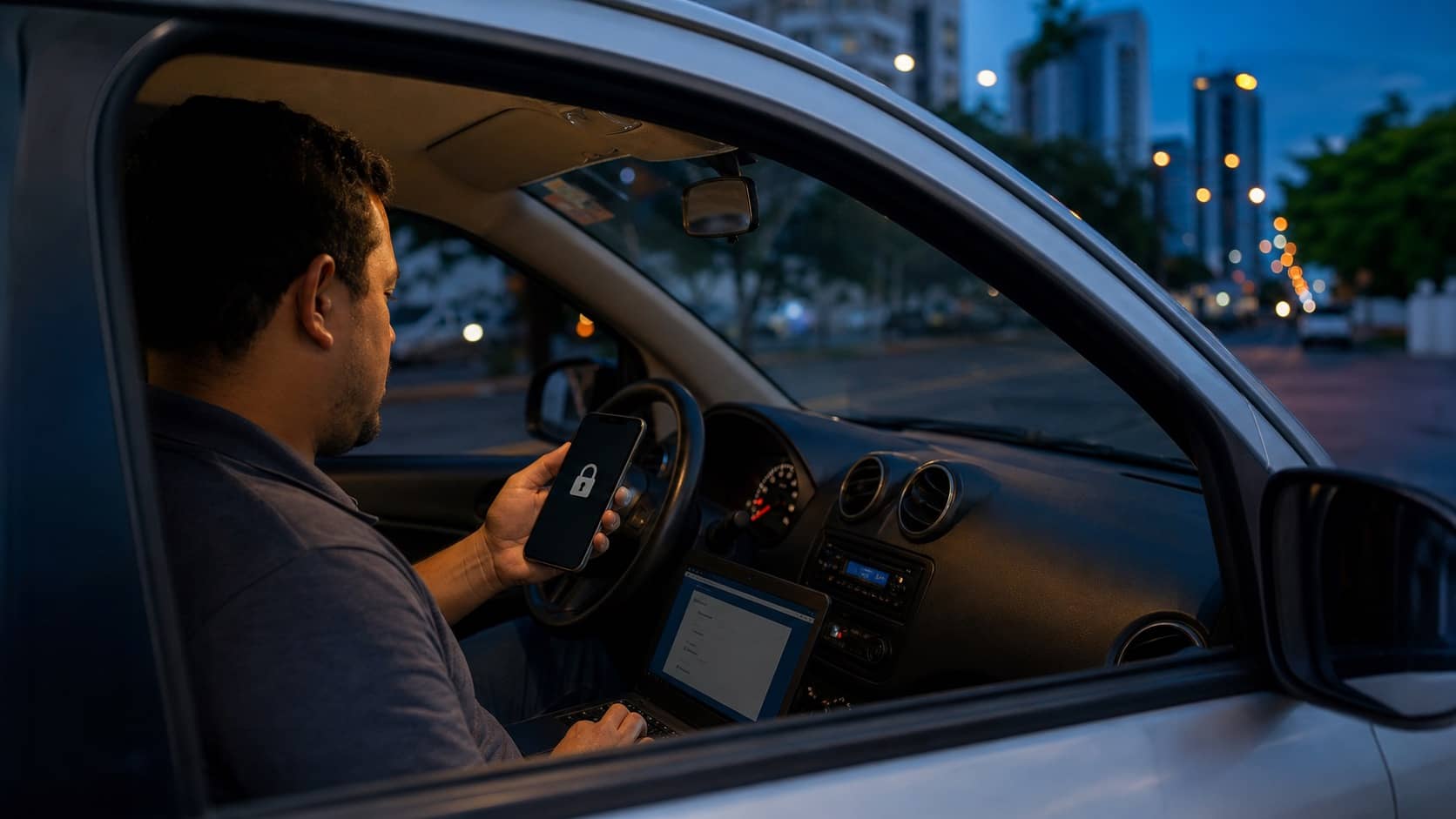 Motorista no carro segura celular com ícone de cadeado ao lado de notebook