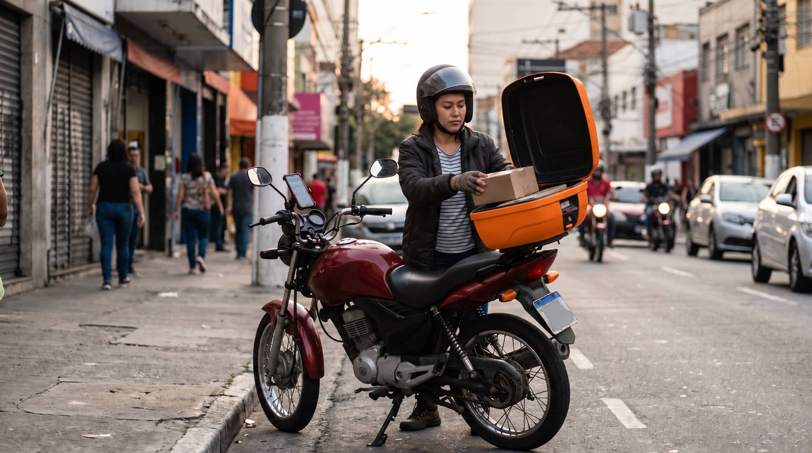 Entregadora de capacete guarda caixa de papelão no baú de uma moto vermelha estacionada em rua comercial