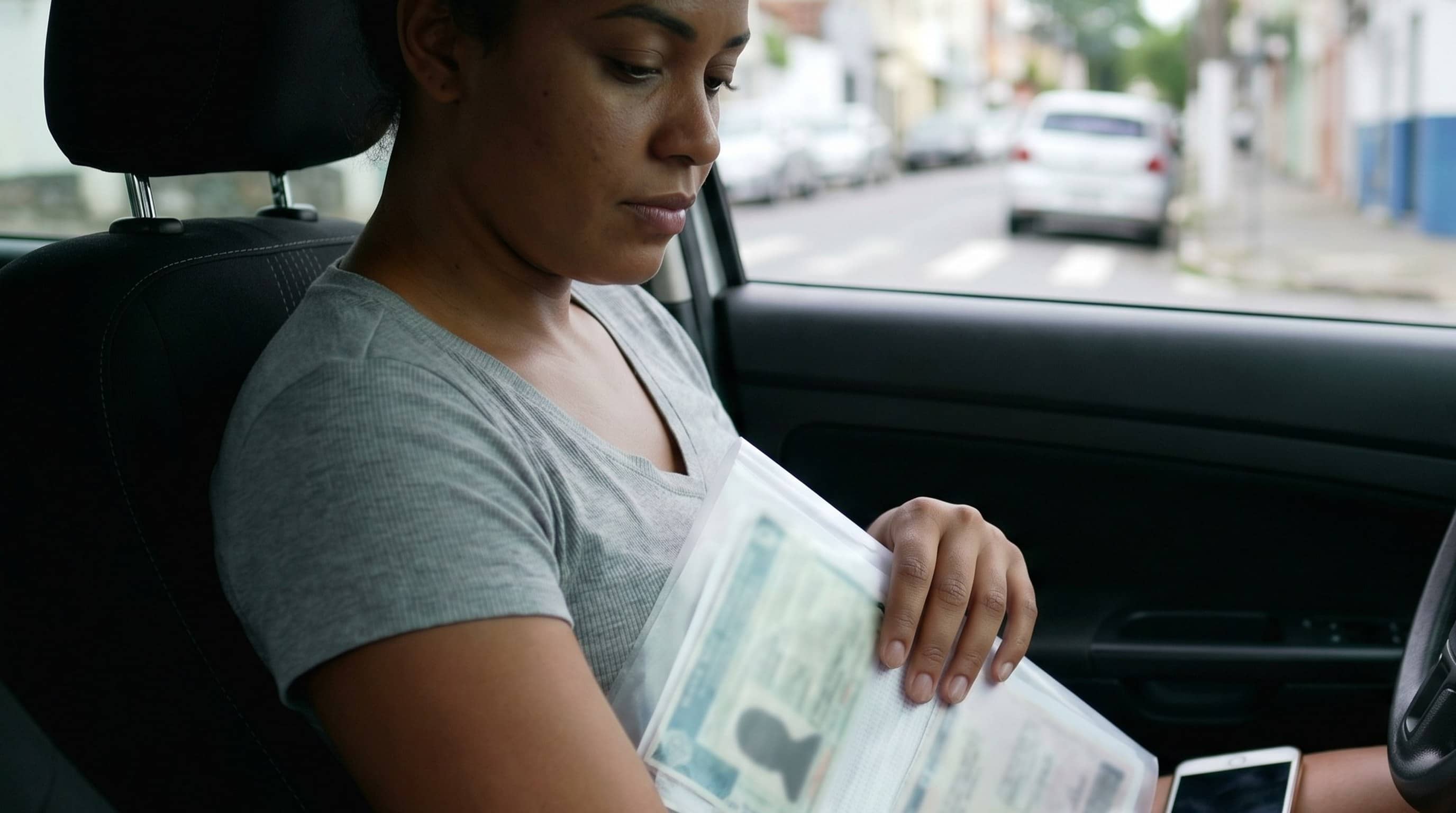 Motorista organiza documentos do veículo em pasta dentro do carro estacionado.