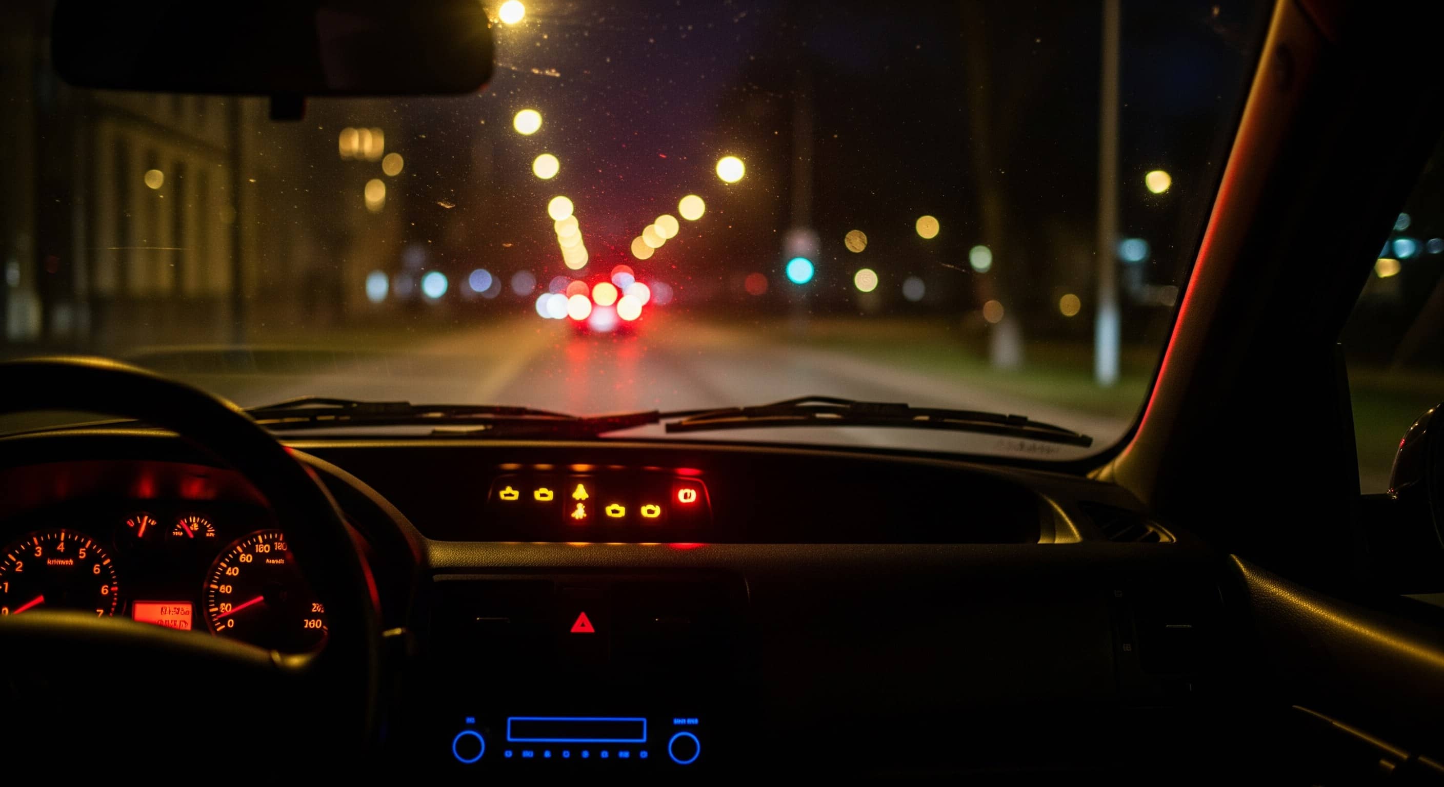Painel iluminado visto do banco do motorista à noite, com luzes de alerta acesas em vermelho e âmbar.