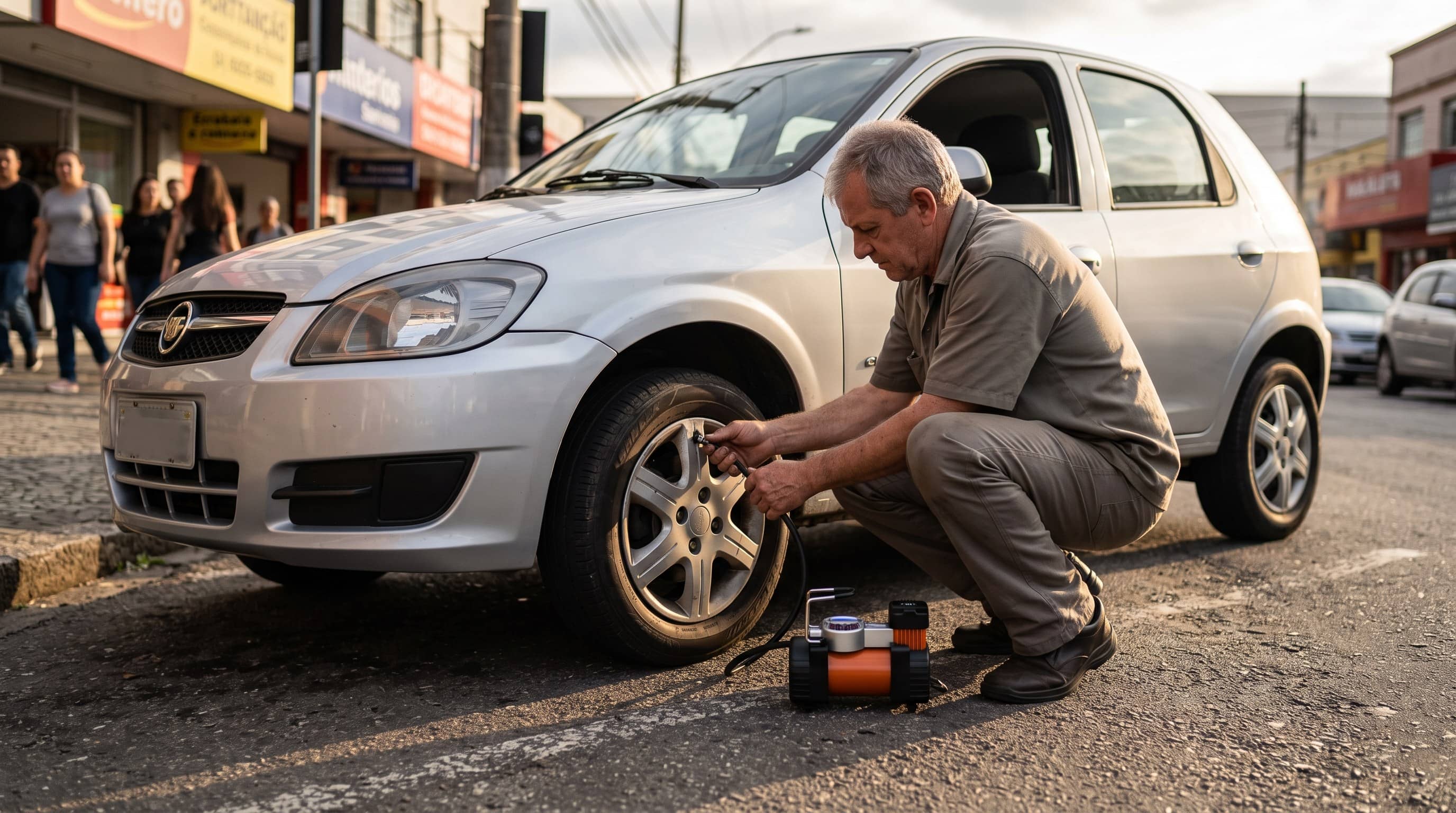 Homem agachado na rua conecta a mangueira de um compressor portátil ao pneu dianteiro de um hatch prateado