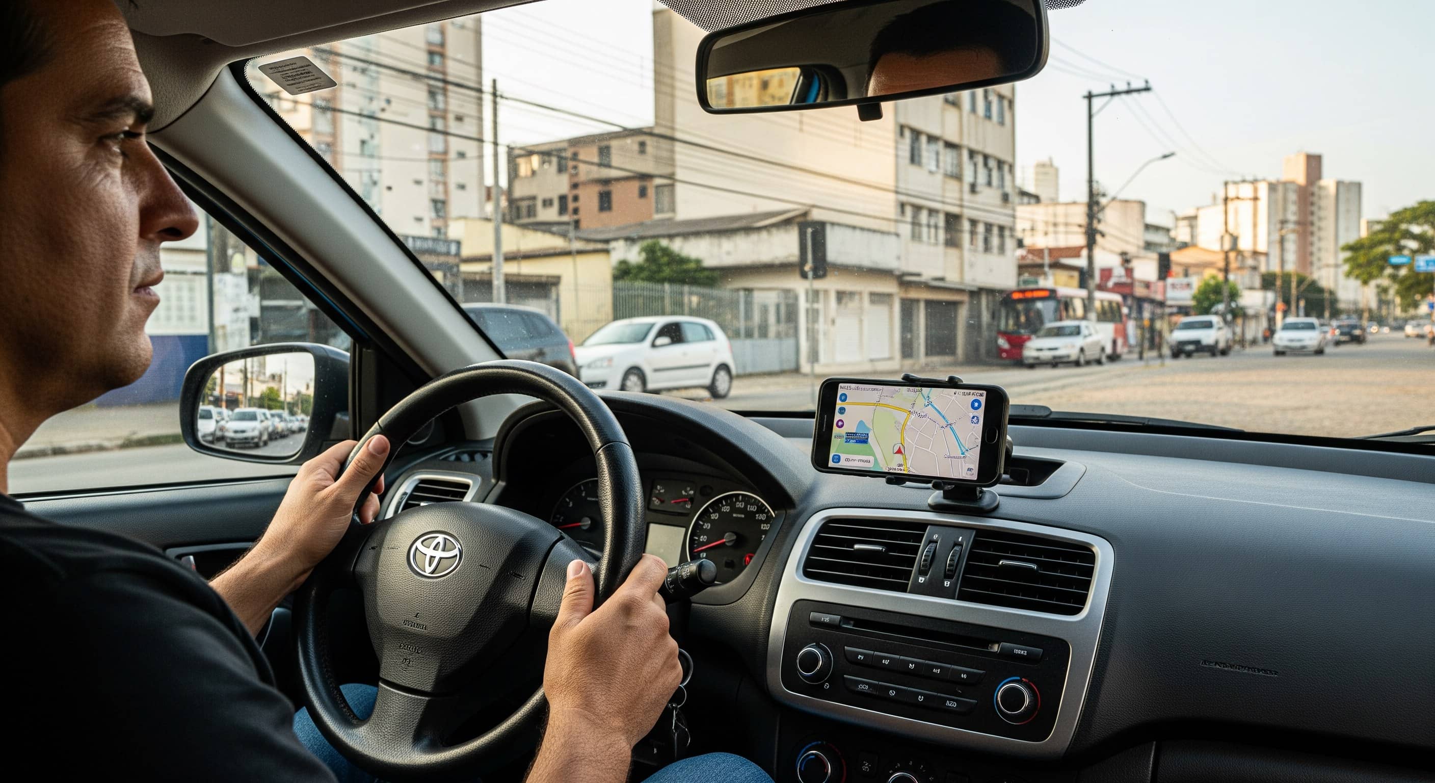 Motorista ao volante com celular em suporte na saída de ar do painel mostrando mapa de navegação