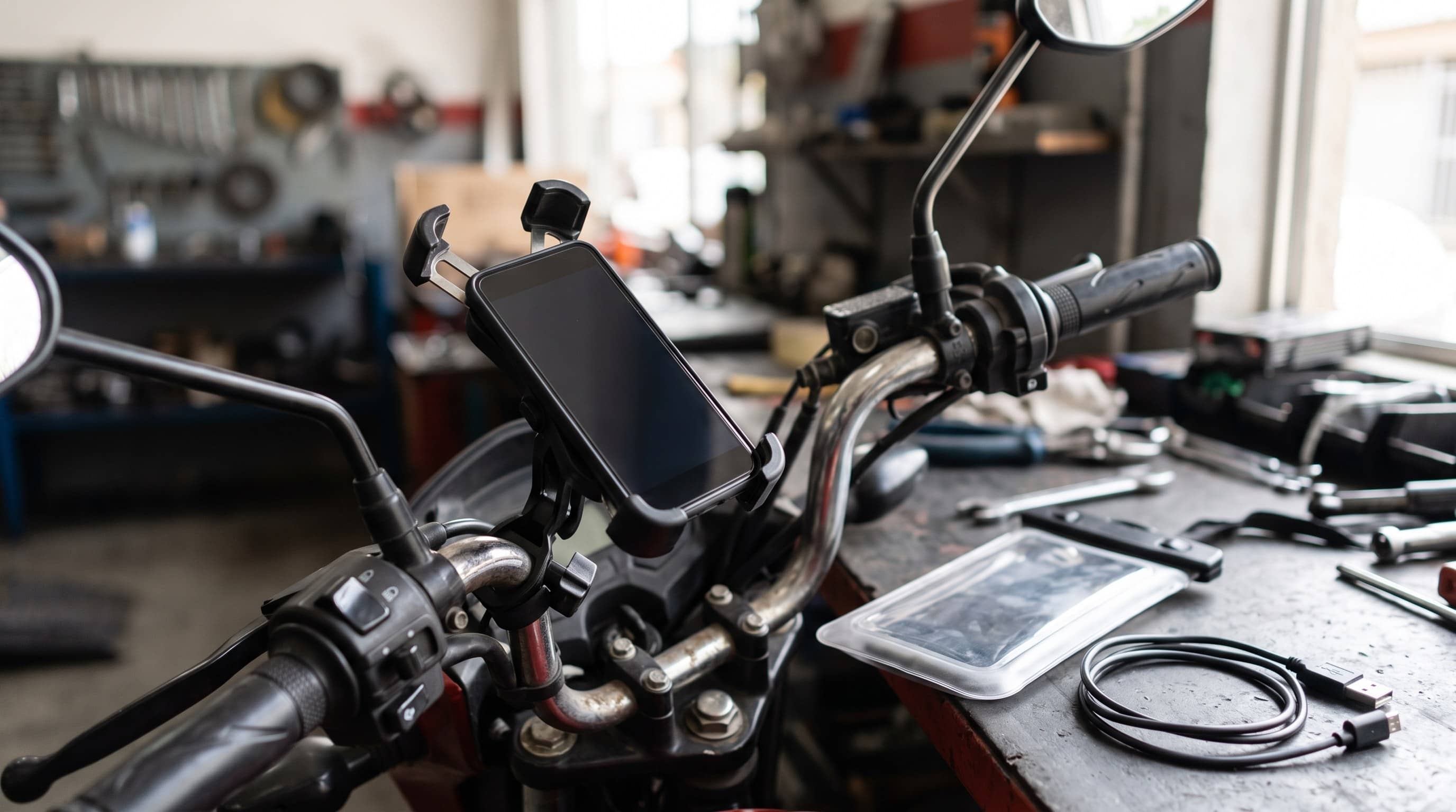 Celular em suporte no guidão de moto, com case transparente e cabo sobre bancada