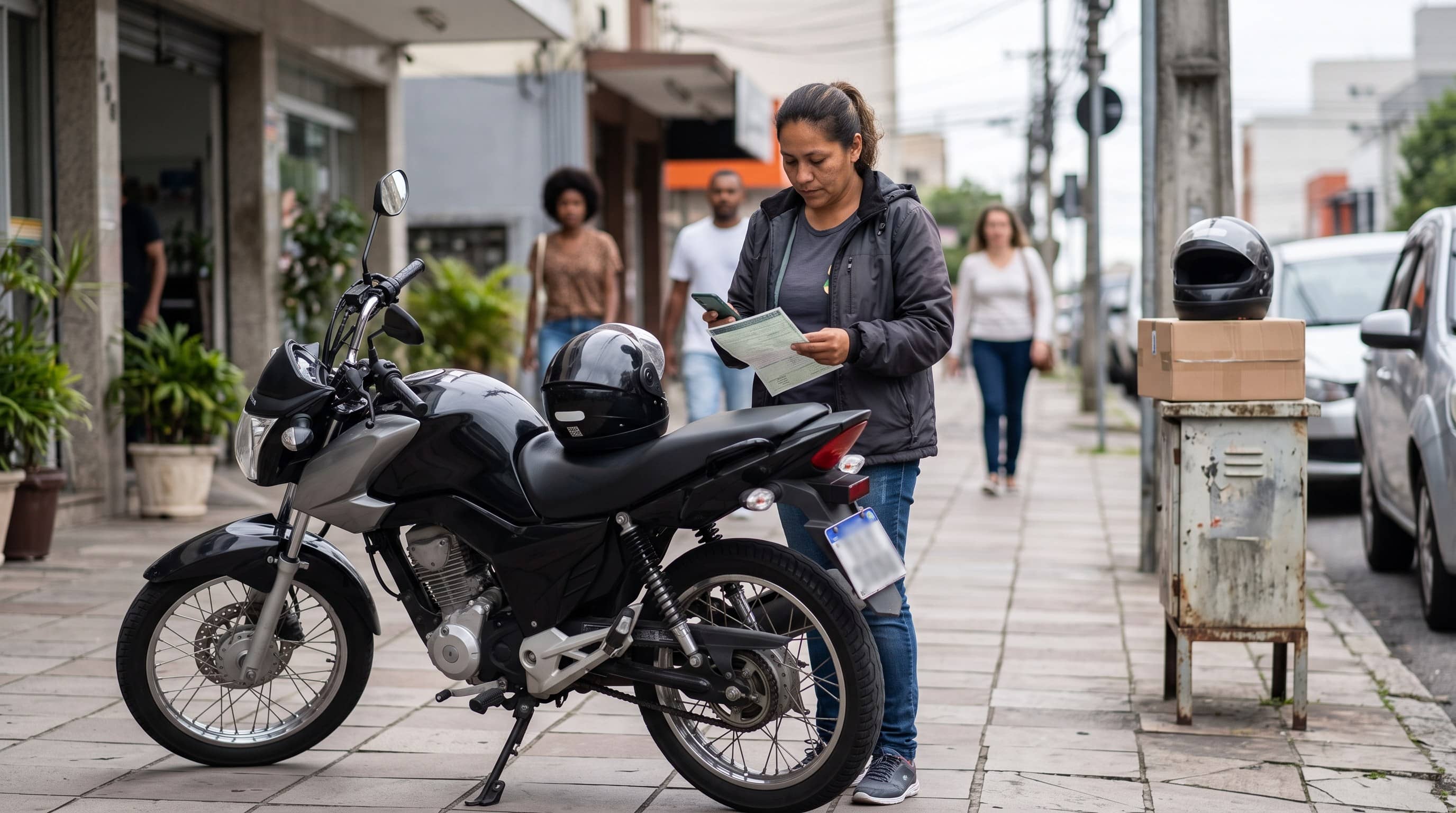 Motociclista confere documento e celular ao lado de moto estacionada, com capacetes e caixa próximos