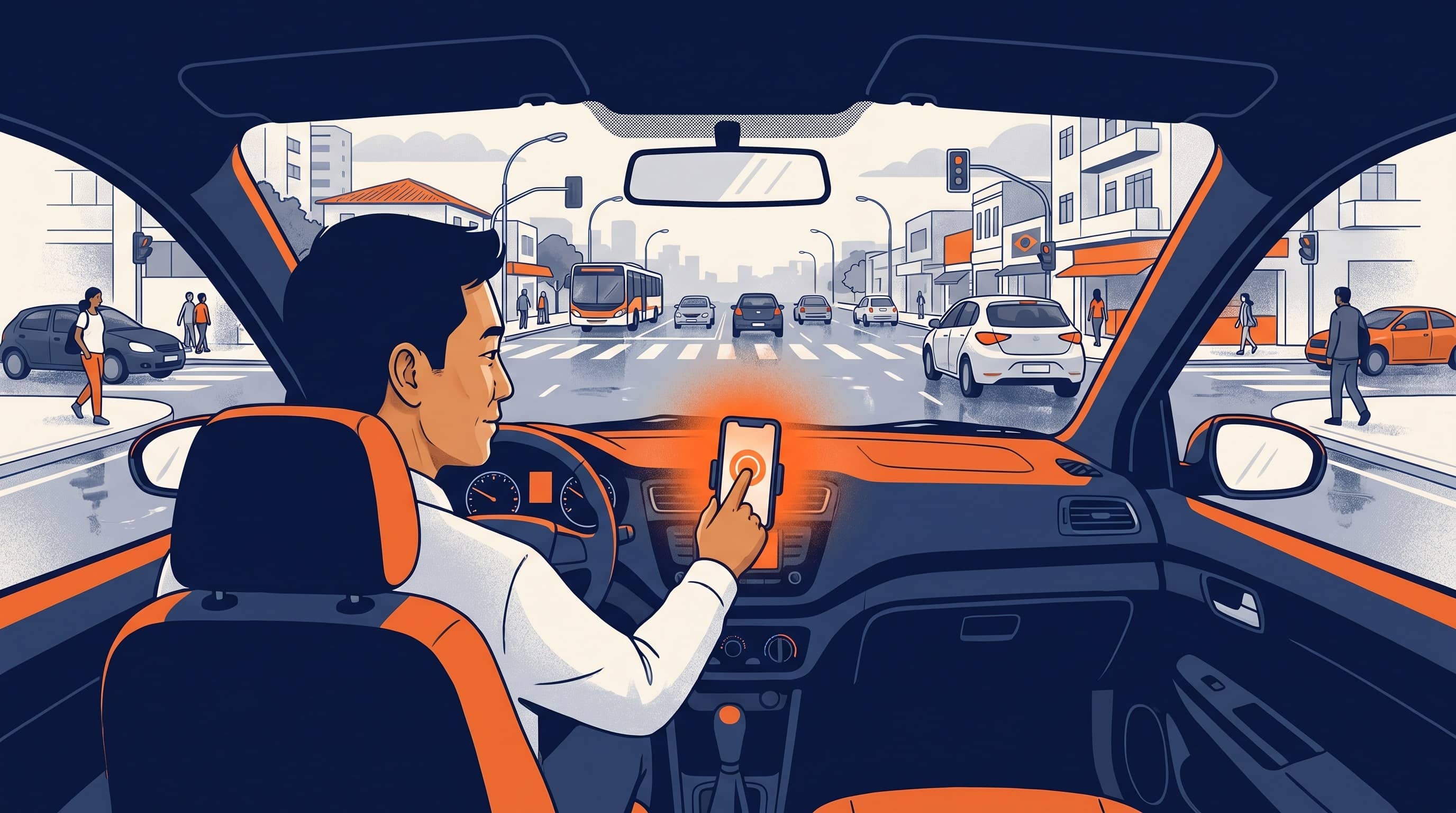 Motorista ao volante toca celular em suporte no painel, com avenida brasileira movimentada à frente