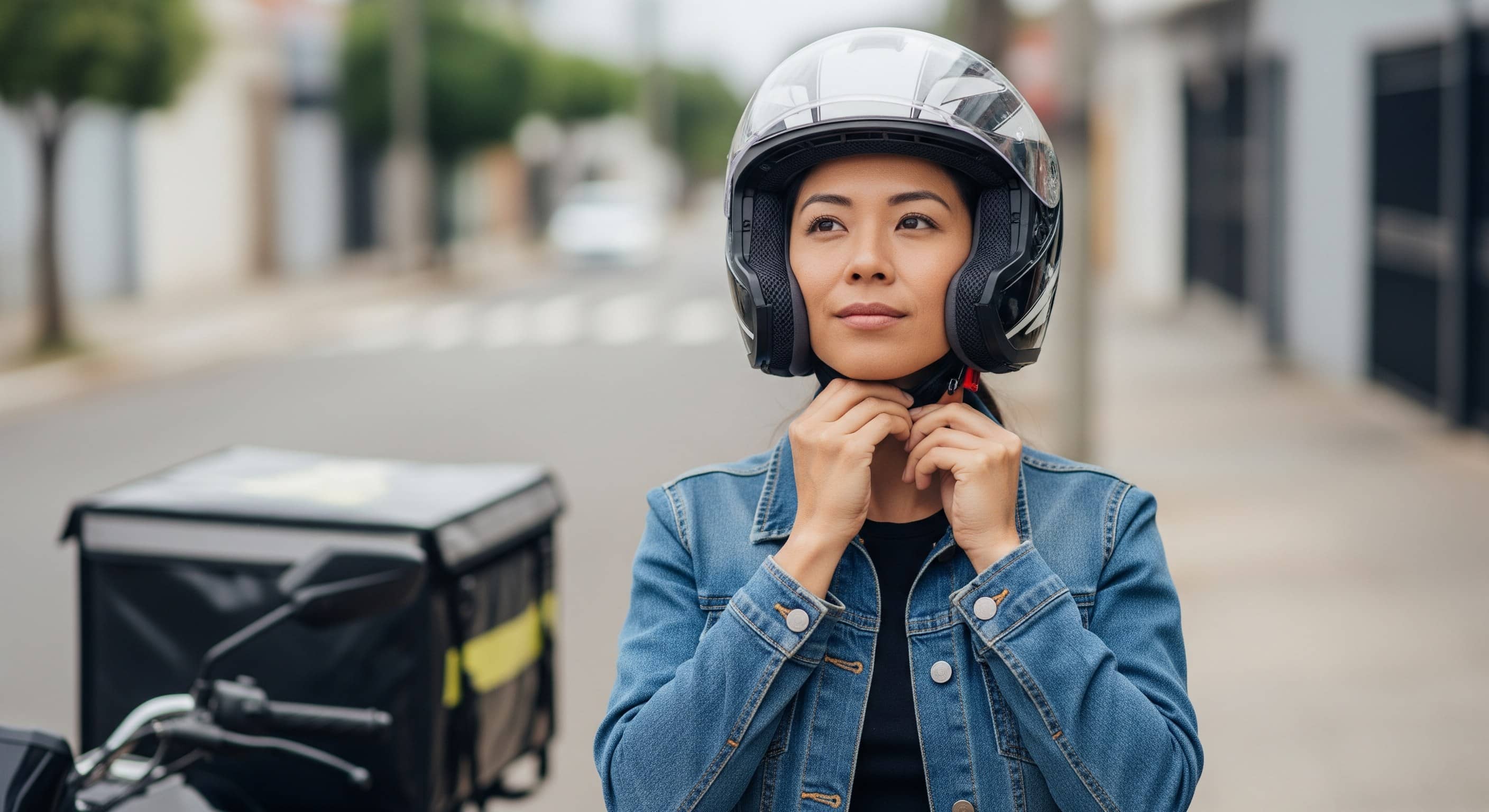 Motociclista de jaqueta jeans fecha a cinta do capacete ao lado da moto
