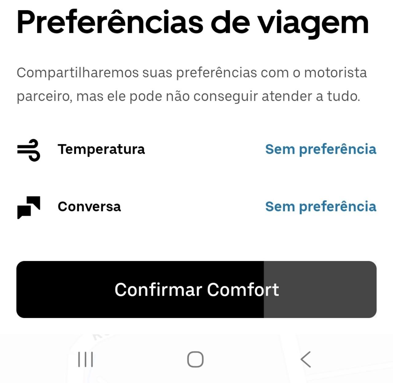 App de passageiro da Uber com Temperatura e Conversa sem preferência