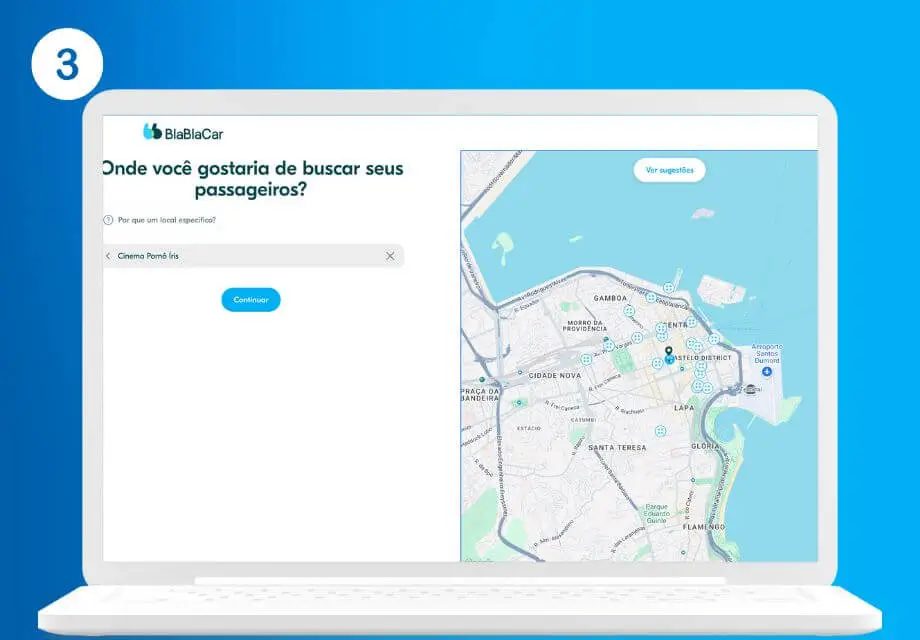 Tela do site da BlaBlaCar pedindo o local de embarque dos passageiros, com campo de busca e mapa do centro do Rio de Janeiro