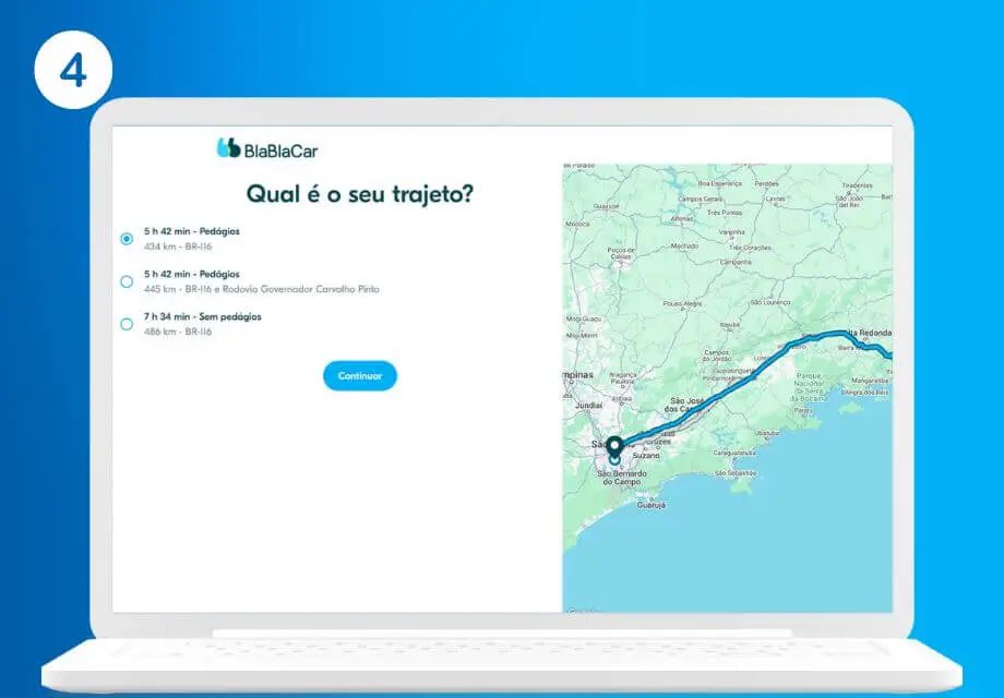 Tela do site da BlaBlaCar com três opções de trajeto saindo de São Paulo pela BR-116, duas com pedágio e uma sem, ao lado do mapa da rota