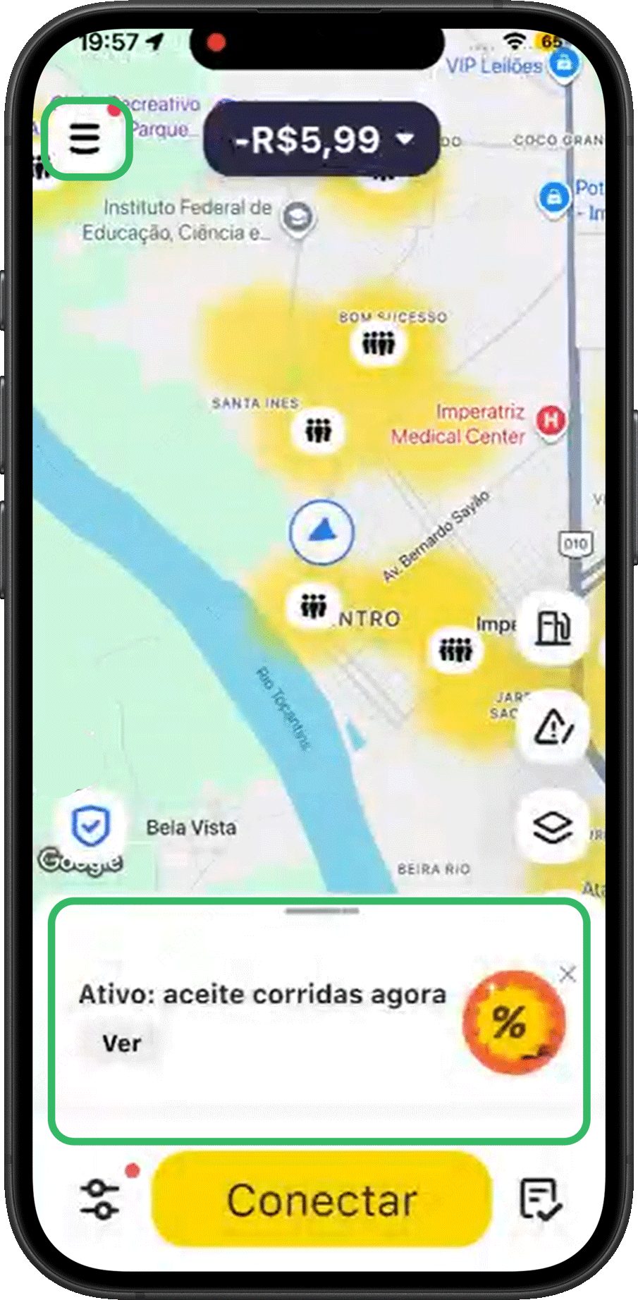 Tela do app de motorista da 99 com mapa de calor, menu lateral destacado e aviso de pacote ativo acima do botão Conectar