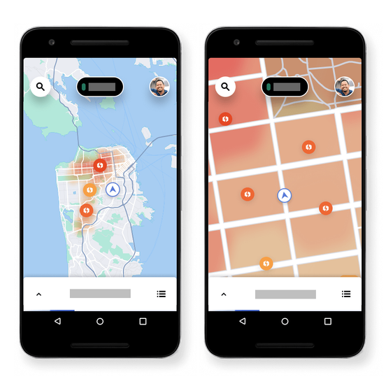 Dois mapas da Uber mostram áreas de preço dinâmico em diferentes níveis de zoom