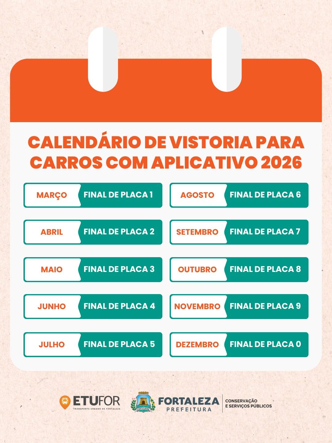 Calendário da Etufor com o mês de vistoria de 2026 para carros de aplicativo: final de placa 1 em março, 2 em abril, 3 em maio, 4 em junho, 5 em julho, 6 em agosto, 7 em setembro, 8 em outubro, 9 em novembro e 0 em dezembro