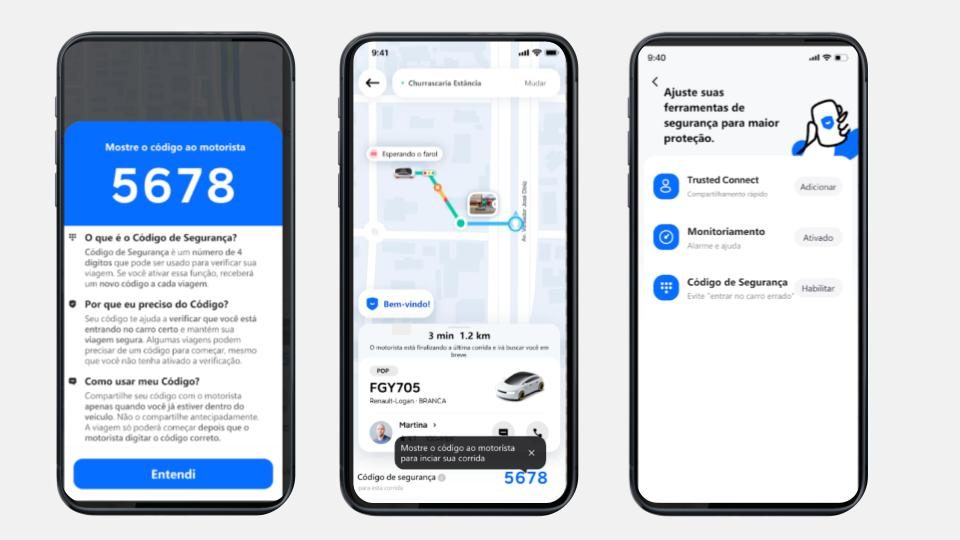 Três telas do app da 99 exibem o código de quatro dígitos, a confirmação da corrida e os controles da Central de Segurança