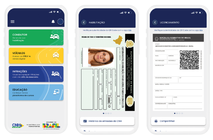 Três telas do app CNH do Brasil: menu inicial com os botões Condutor, Veículos, Infrações e Educação, a CNH digital e o documento de licenciamento do veículo