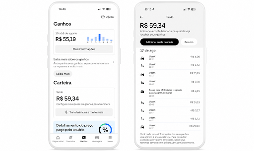Telas do app Uber Driver com o saldo da Carteira e a lista de lançamentos do dia, entre eles a linha Passe para Motoristas — Ajuste para Taxa 0% semanal