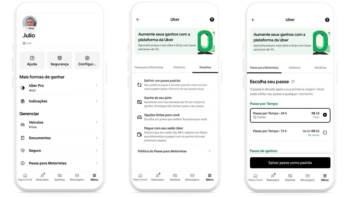 Três telas do Uber Driver mostram o menu, os detalhes do Passe para Motoristas e a seleção entre passe por tempo e por ganhos