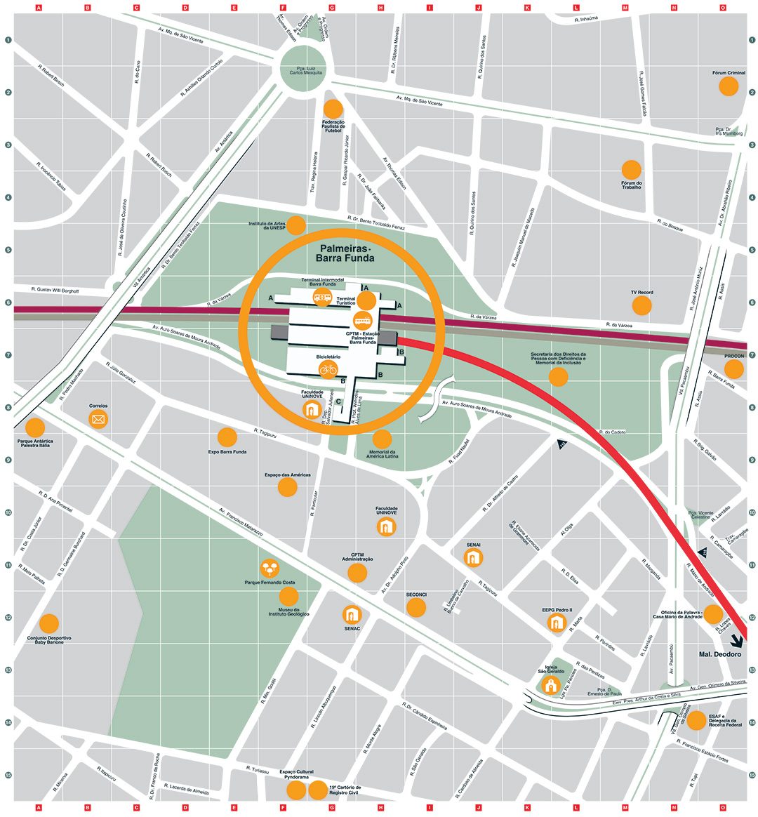 Mapa do entorno da estação Palmeiras-Barra Funda com o terminal intermodal, a estação da CPTM, o bicicletário e os acessos A, B e C