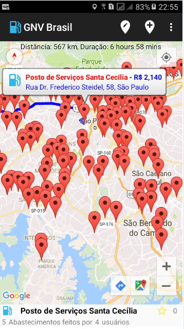 Tela de um smartphone mostrando o aplicativo GNV Brasil, em que há um mapa sinalizando as localizações de postos GNV.