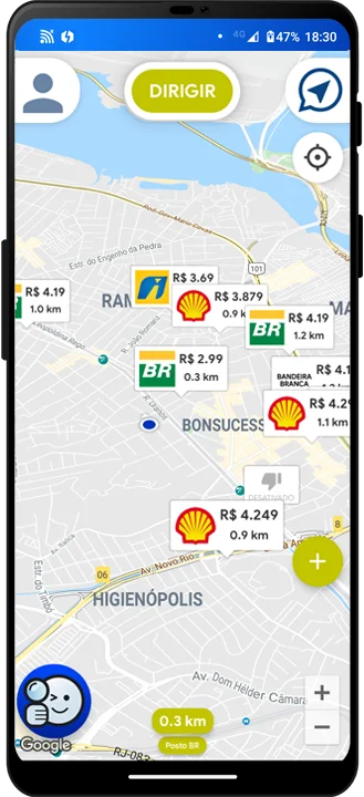 Smartphone com o aplicativo RebU aberto, mostrando um mapa sinalizando a localização e preços de postos de gasolina.