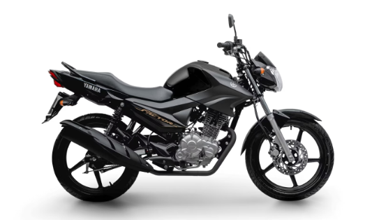 Moto Yamaha Factor 125i preta em fundo branco.