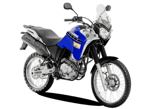 Moto Yamaha XTZ 250 Ténéré azul em fundo branco.